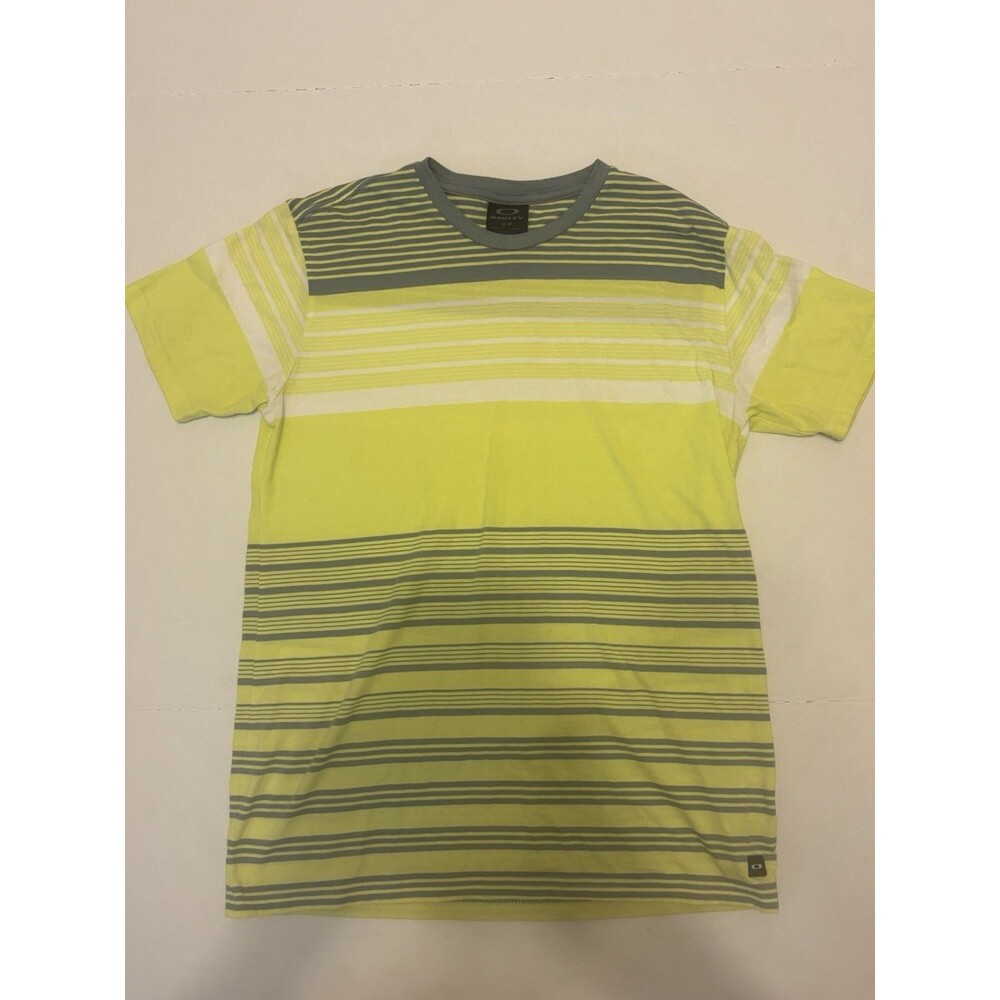 Vintage Oakley Men’s S Yellow Gray White Striped Short Sleeve Crew Neck Logo Tee